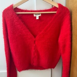 Women's Red Fuzzy V-Neck Button Cardigan